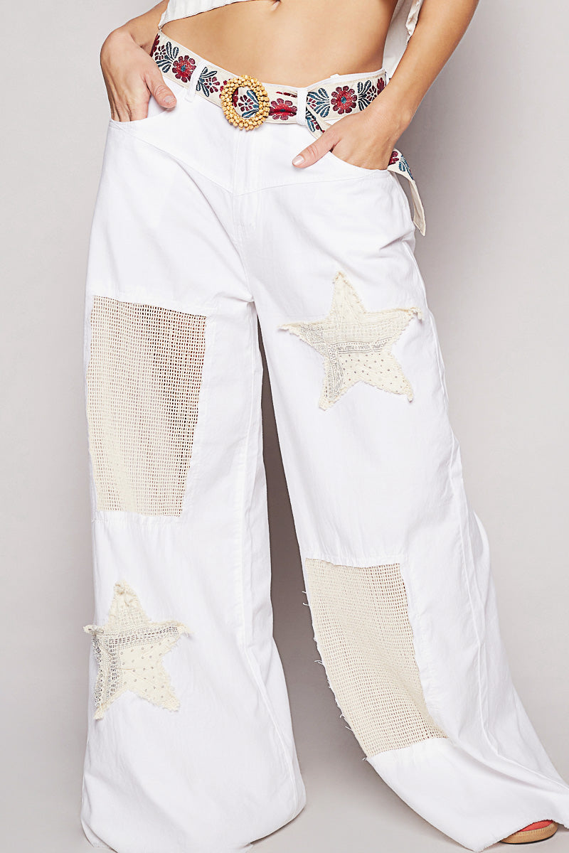POL Mid-Rise Wide Leg Crochet & Star Patch Pants – 100% Cotton Statement Bottoms