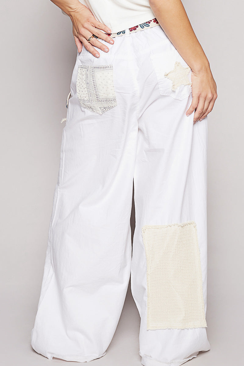 POL Mid-Rise Wide Leg Crochet & Star Patch Pants – 100% Cotton Statement Bottoms