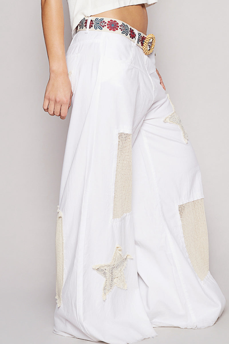POL Mid-Rise Wide Leg Crochet & Star Patch Pants – 100% Cotton Statement Bottoms