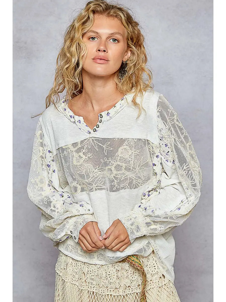 POL lace cutout top with purple flowers