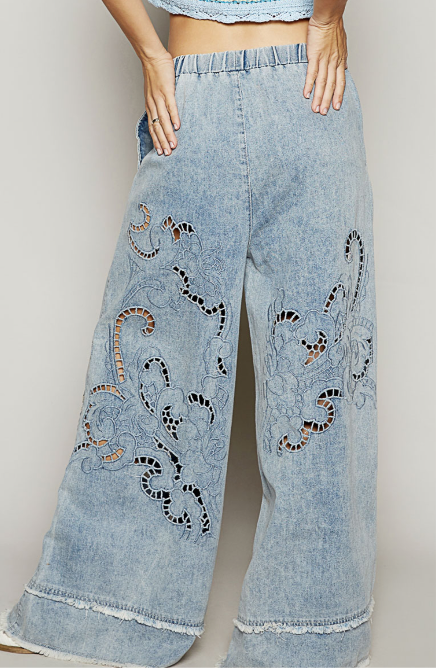 POL wide leg, embroidered cut out denim pants