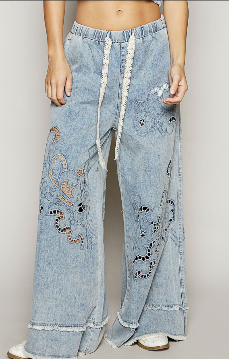 POL wide leg, embroidered cut out denim pants