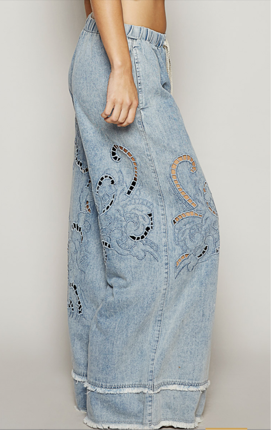 POL wide leg, embroidered cut out denim pants