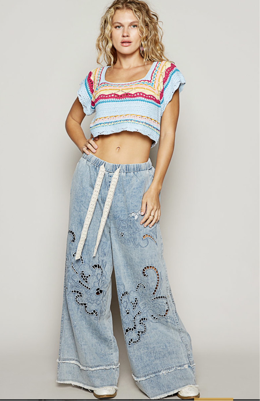 POL wide leg, embroidered cut out denim pants