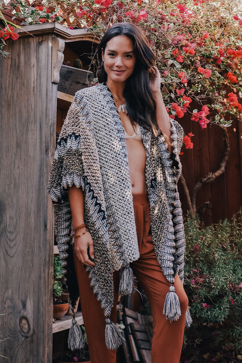Crochet Patterned Ruana with Tassels ππ»