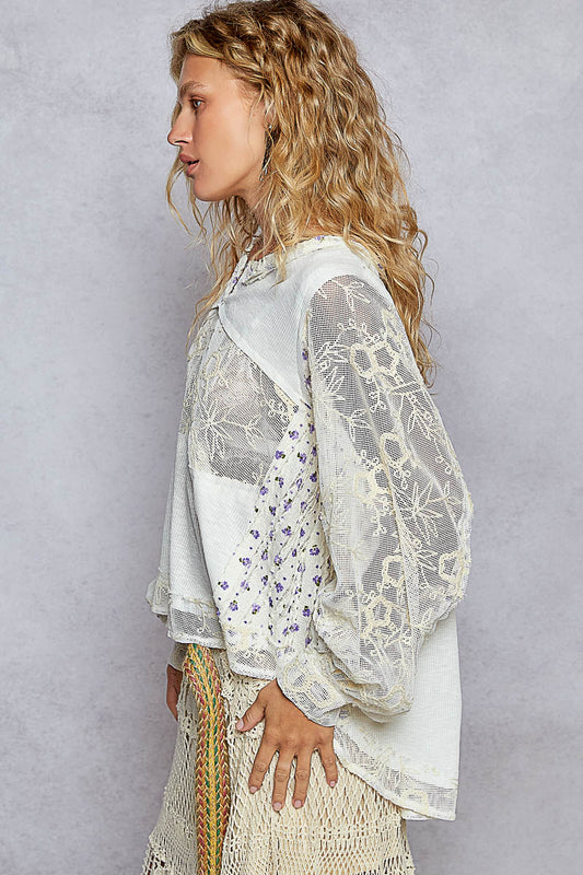 POL lace cutout top with purple flowers