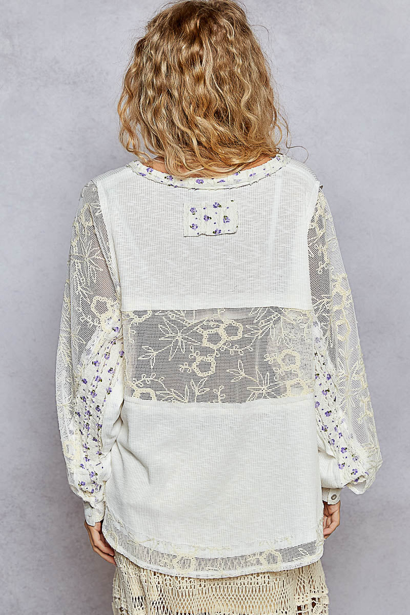 POL lace cutout top with purple flowers