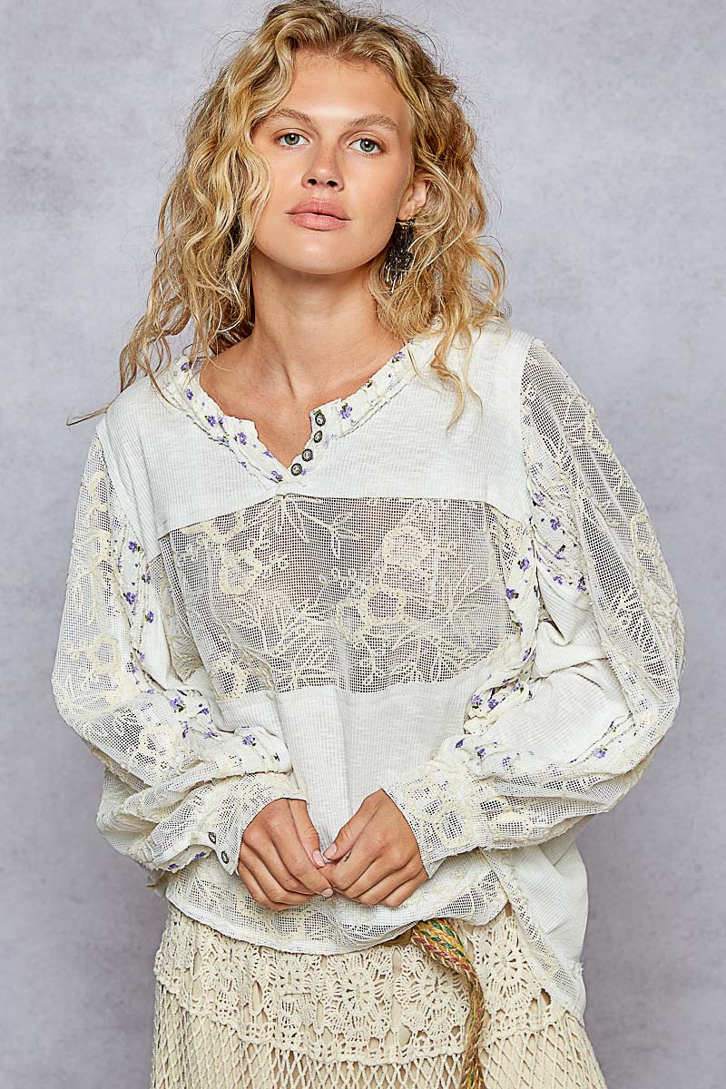 POL lace cutout top with purple flowers