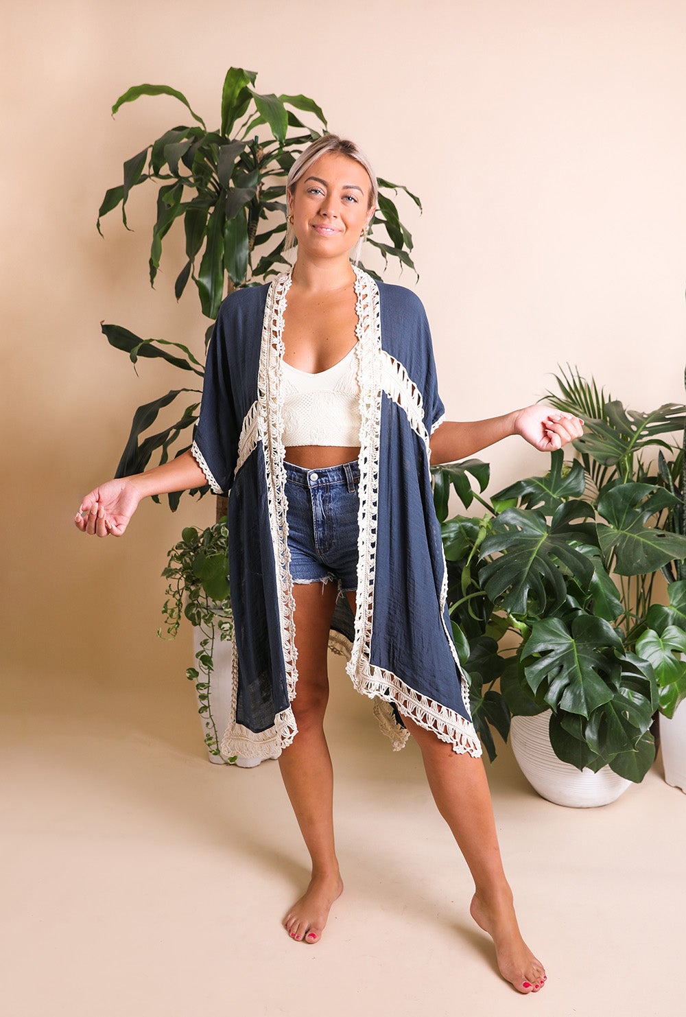 Crochet Border Medallion Back Kimono