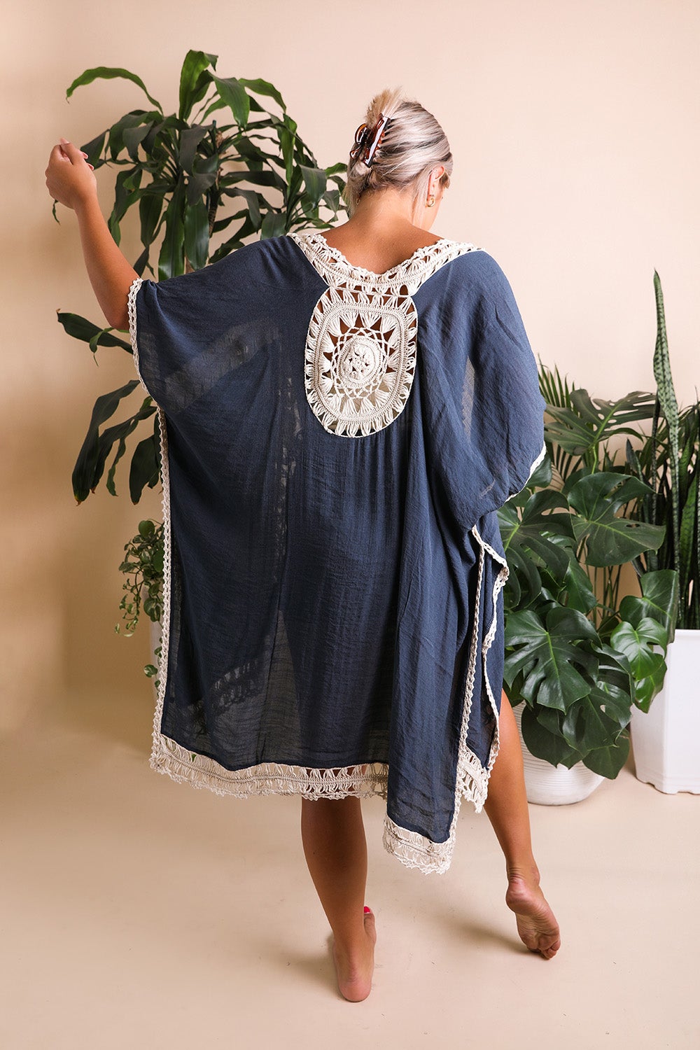 Crochet Border Medallion Back Kimono Dark Blue