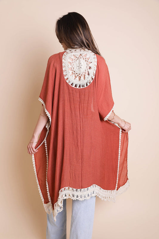 Crochet Border Medallion Back Kimono Rust