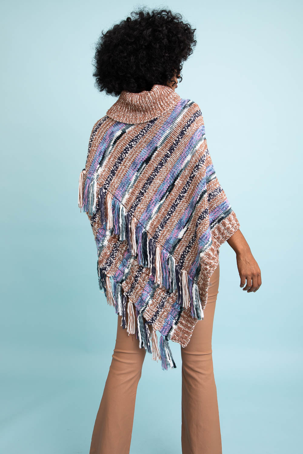 Multicolor Marled Knit Turtle Neck Poncho Ponchos