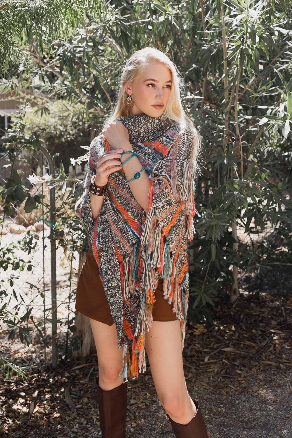 Multicolor Marled Knit Turtle Neck Poncho Ponchos